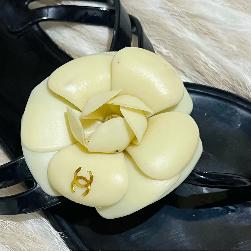 Chanel Camellia CC Logo Black Ivory Jelly Flat Sandals